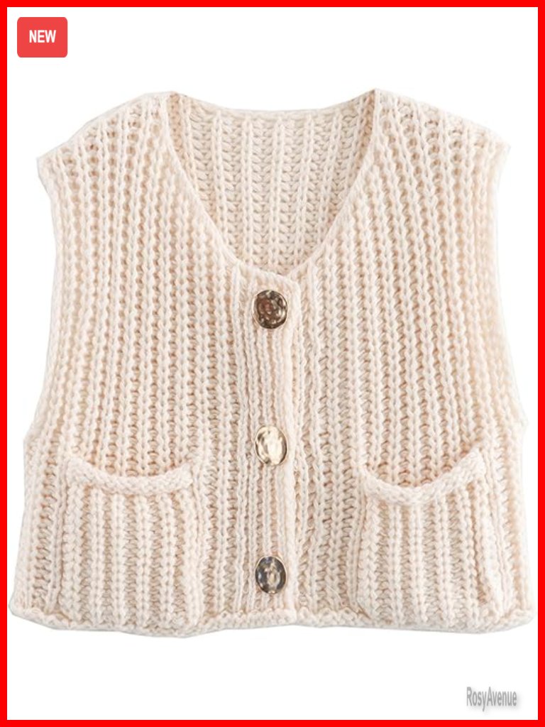 Sleeveless Crop Knit Cardigan Sweater Vest With Pockets Button Down Women